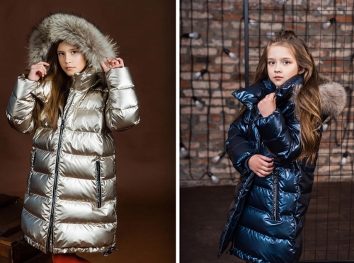 Пальто для девочки З-871: идеальное сочетание ткани-«металлик» и пуха
